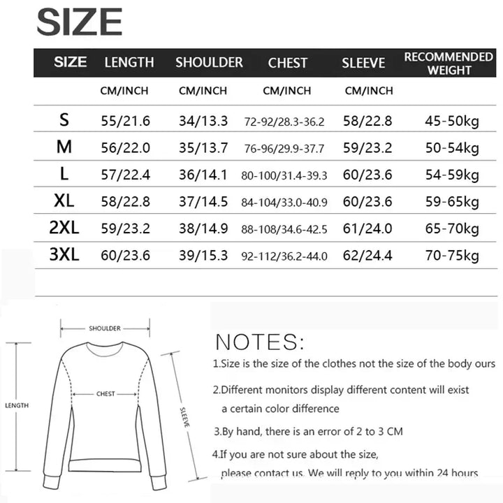 Clothing size chart for S to 3XL Stand-up Collar T-shirt showing measurements in cm/inches for length, shoulder, chest, and sleeve, plus recommended weight ranges. Includes a diagram of measurement points and notes about sizing accuracy—your Fall/Winter Essential.