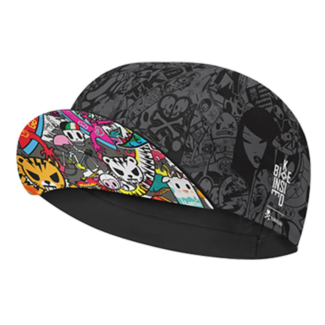 A quick-drying cycling cap featuring a black and grey base with vibrant, colorful cartoon and graffiti-style graphics on the brim, including skulls, animals, and various characters for added sun protection.