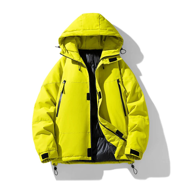 A bright yellow insulated hooded winter jacket with black zipper details, partially unzipped to show its dark inner lining and detachable hood, displayed against a white background with a faint shadow.