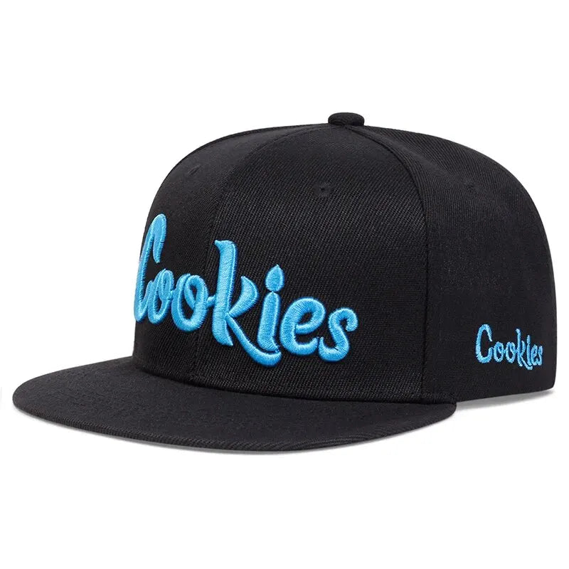 A black flat-brim cap featuring Cookies embroidery in large, light blue letters on the front and smaller on the side, crafted with breathable fabric for comfort.