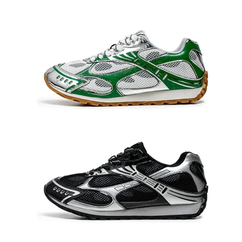 Two athletic sneakers displayed side by side: both feature a modern, sporty design with cushioned insoles and non-slip outsoles. The top shoe is white with green accents and a gum sole; the bottom is black with silver accents and a black sole.