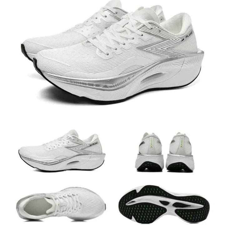 White athletic running shoes shown from multiple angles: side, back, top, and bottom. The shoes feature a sleek design with silver accents, an ultra-lightweight, shock-absorbing sole, and black and green details on the non-slip outsole.