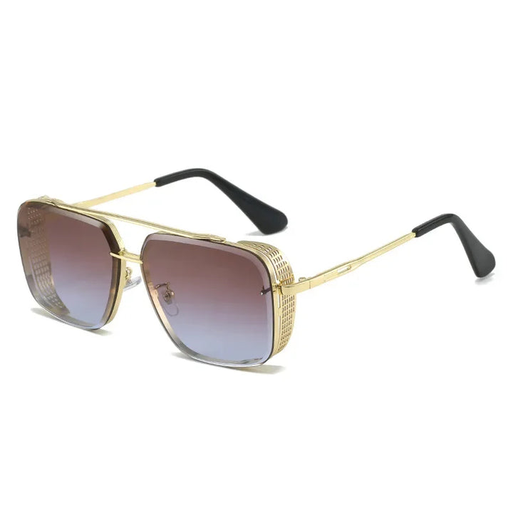 Gold-framed square sunglasses with gradient brown lenses and black temple tips offer UV protection, blending style and safety against a white background.