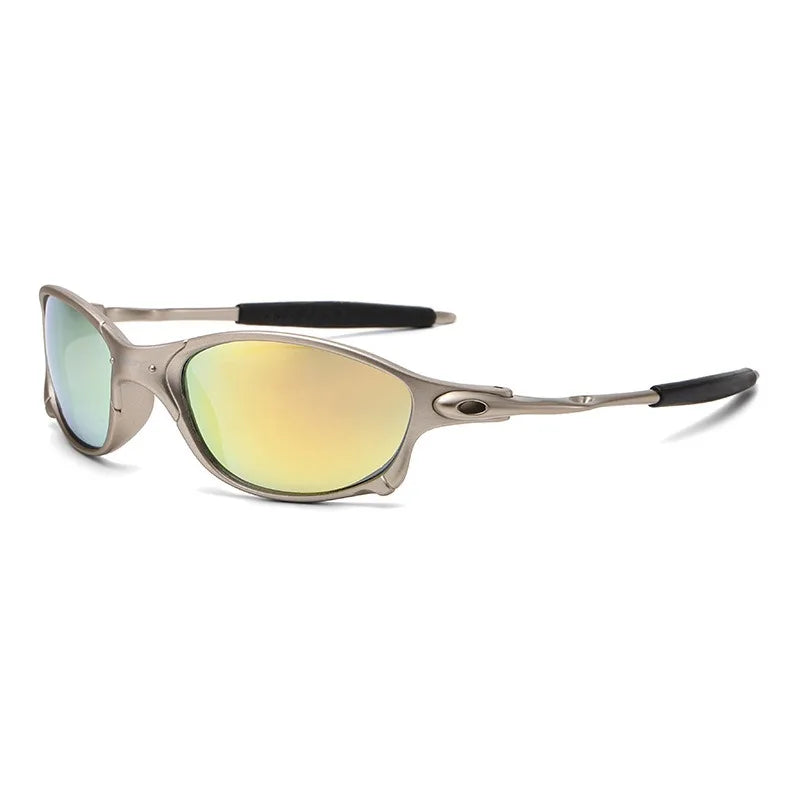 Silver-framed cycling sunglasses with a rectangular frame, yellow-green mirrored lenses offering UV400 protection, and black ear tips, displayed on a white background.