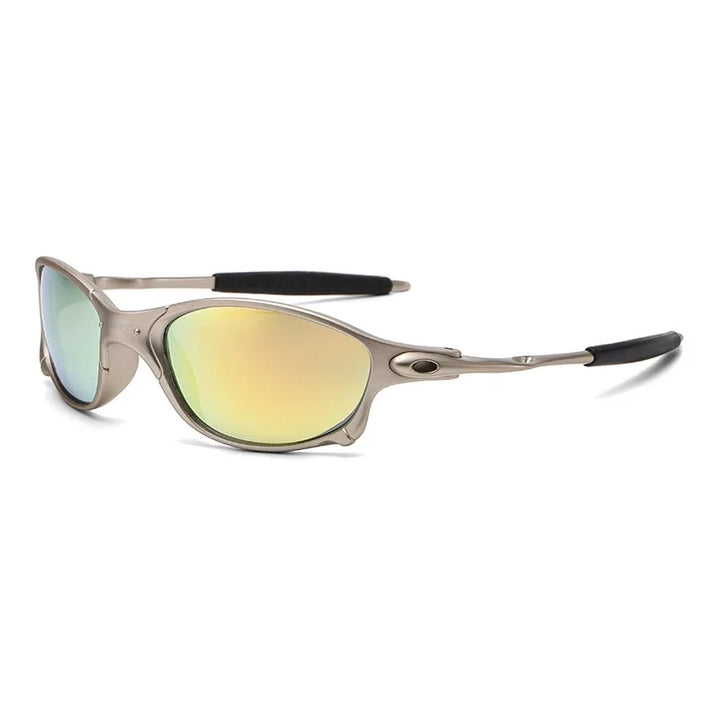 Silver-framed cycling sunglasses with a rectangular frame, yellow-green mirrored lenses offering UV400 protection, and black ear tips, displayed on a white background.