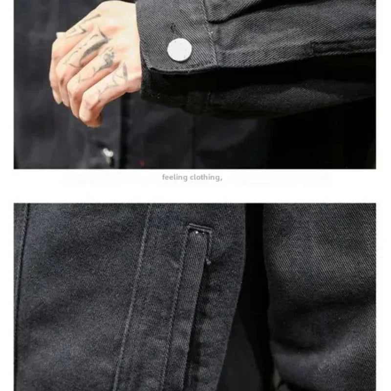 Close-up of a person in a premium denim jacket with tattoos on their hand touching the jacket’s front. The button-down features a silver button on the sleeve, a vertical front pocket, and showcases a relaxed silhouette.