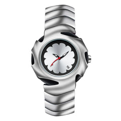 A modern stainless steel watch with a unique wavy band and a flower-shaped face. Featuring black hands, a red second hand, scratch-resistant glass, and a date window near 4 o’clock.