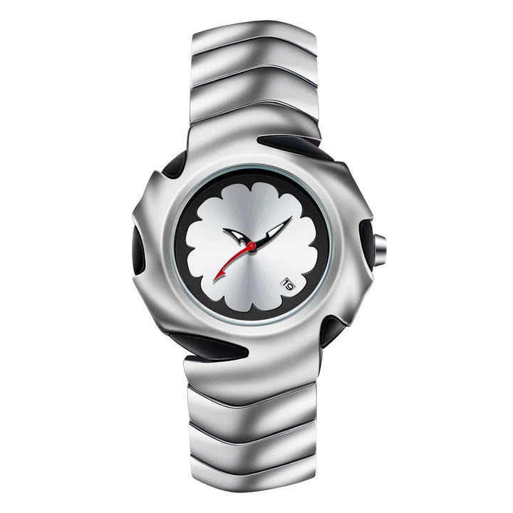 A modern stainless steel watch with a unique wavy band and a flower-shaped face. Featuring black hands, a red second hand, scratch-resistant glass, and a date window near 4 o’clock.