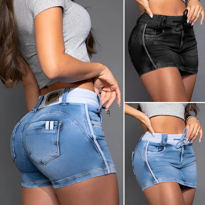 Three images of women modeling high waist denim shorts in blue and black, featuring unique stitching, belt loops, metal accents, drawstrings, and pockets. Crafted from premium cotton, the shorts are styled with casual crop tops.