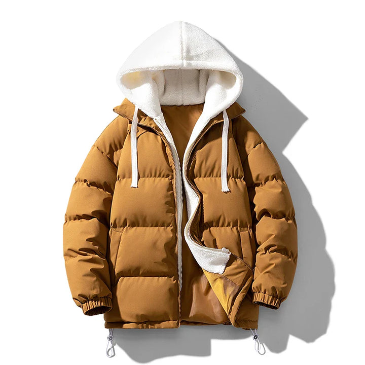A brown puffer jacket with a fleece-lined interior and adjustable drawstring hood, displayed unzipped on a white background. The soft, warm lining and gathered cuffs offer comfort and style.