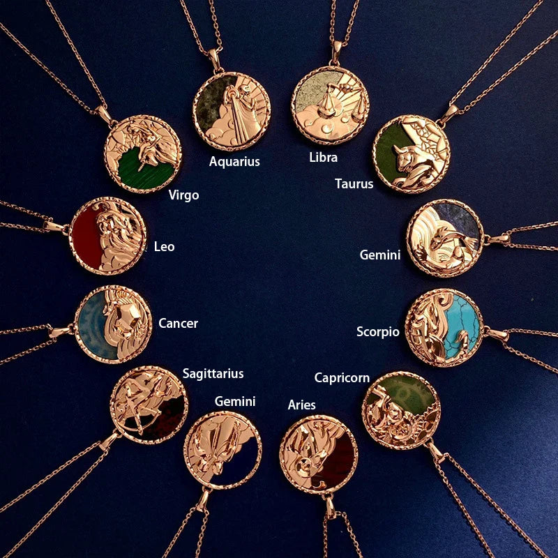 Twelve round zodiac necklaces with a lustrous copper finish display astrology jewelry symbols and names, arranged in a circle on a dark blue background. Each pendant highlights a unique zodiac sign, perfect for any astrology lover.
