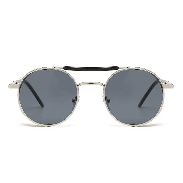 Front view of steampunk sunglasses featuring silver metal frames, dark gray lenses, and a black bar across the top for a bold statement look.