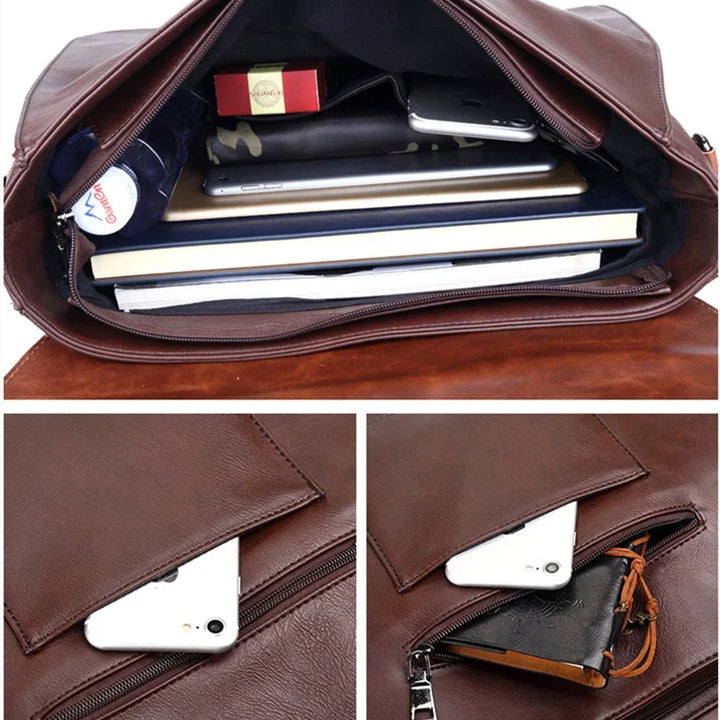 A brown leather bag with a spacious interior, its main compartment open to reveal books, a laptop, and a phone. Two close-up images show a white smartphone and keys tucked in the front zipper pockets.