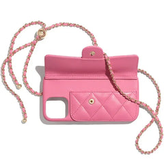 A pink quilted leather phone case with a flap, gold snap button, and a stylish pink-and-gold chain strap, displayed on a white background.