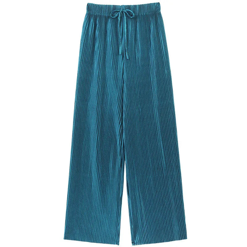Wide-leg teal Pleated Ice Silk pants with an elastic waistband and drawstring, perfect for women fashion summer pants, displayed on a white background.