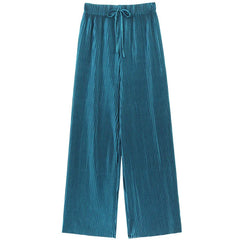 Wide-leg teal Pleated Ice Silk pants with an elastic waistband and drawstring, perfect for women fashion summer pants, displayed on a white background.