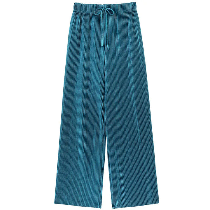 Wide-leg teal Pleated Ice Silk pants with an elastic waistband and drawstring, perfect for women fashion summer pants, displayed on a white background.