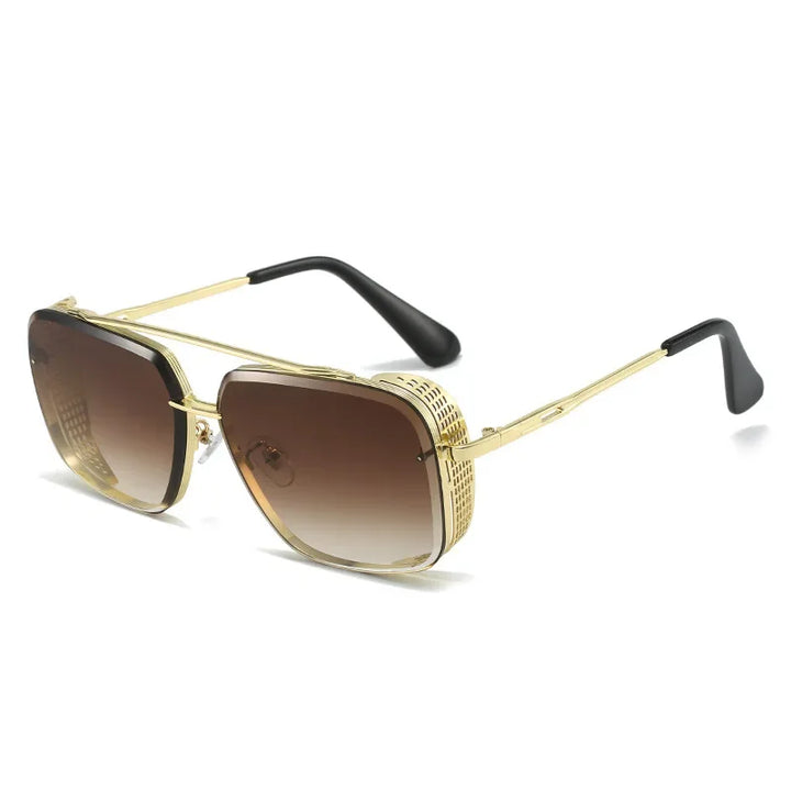 Gold-framed limited-edition sunglasses with large square brown gradient lenses, side shields featuring a mesh design for added flair, and black plastic ear tips, offering unique style and UV protection on a white background.