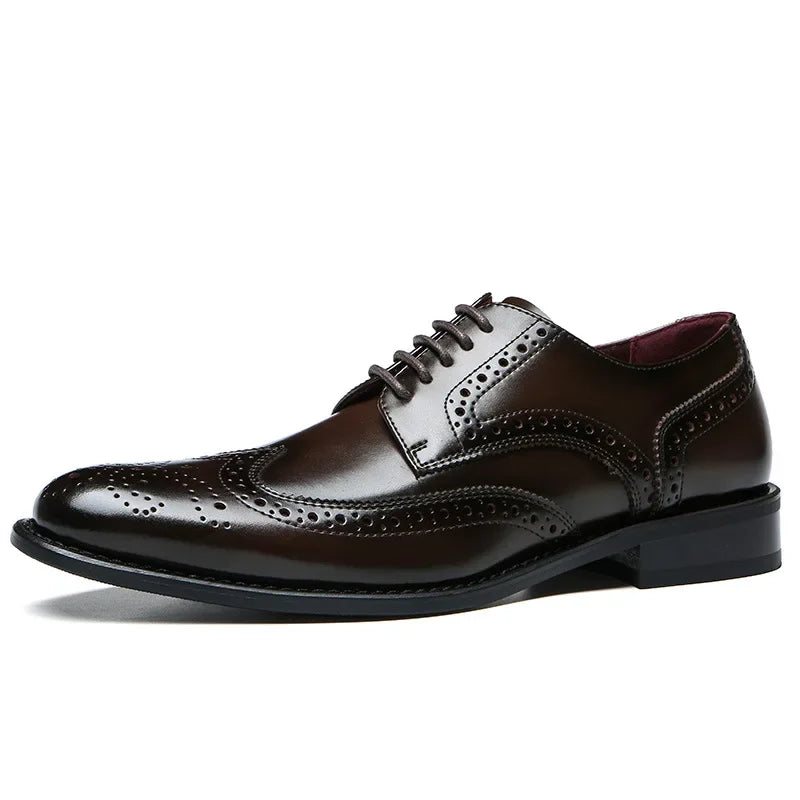 A polished dark brown premium leather brogue dress shoe with decorative perforations, closed laces, a cushioned insole, and a low black heel, displayed on a white background.
