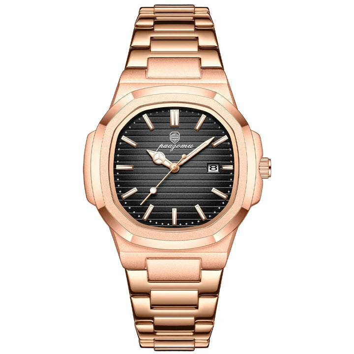 A rose gold wristwatch with a black textured dial, gold hour markers, quartz movement, a date display at 3 oclock, and a linked metal bracelet. The brand logo and name are visible under the 12 oclock marker.