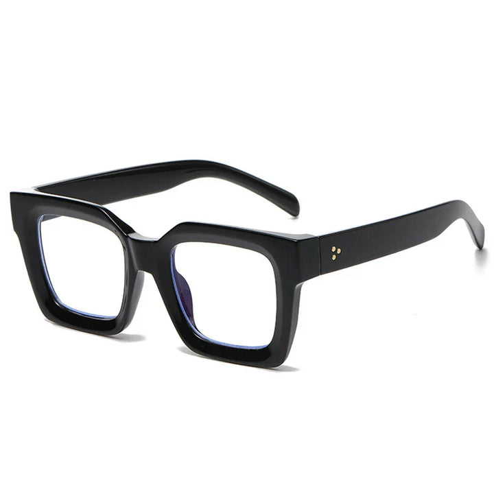 Black thick-rimmed eyeglasses with large, square lenses and slightly curved acetate frames, displayed on a white background.