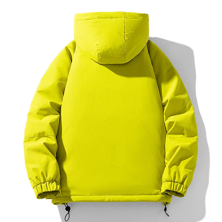 A bright yellow insulated hooded puffer jacket is shown from the back, with long sleeves, elastic cuffs, and adjustable drawstrings at the hem. The windproof design stands out against a white background with a faint shadow to the right.