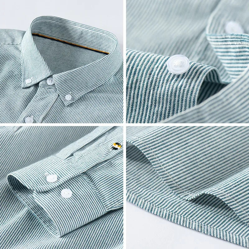 A collage of four close-up images showing details of a light green and white classic pinstripe shirt, including the collar, button, cuff, and hem stitching.