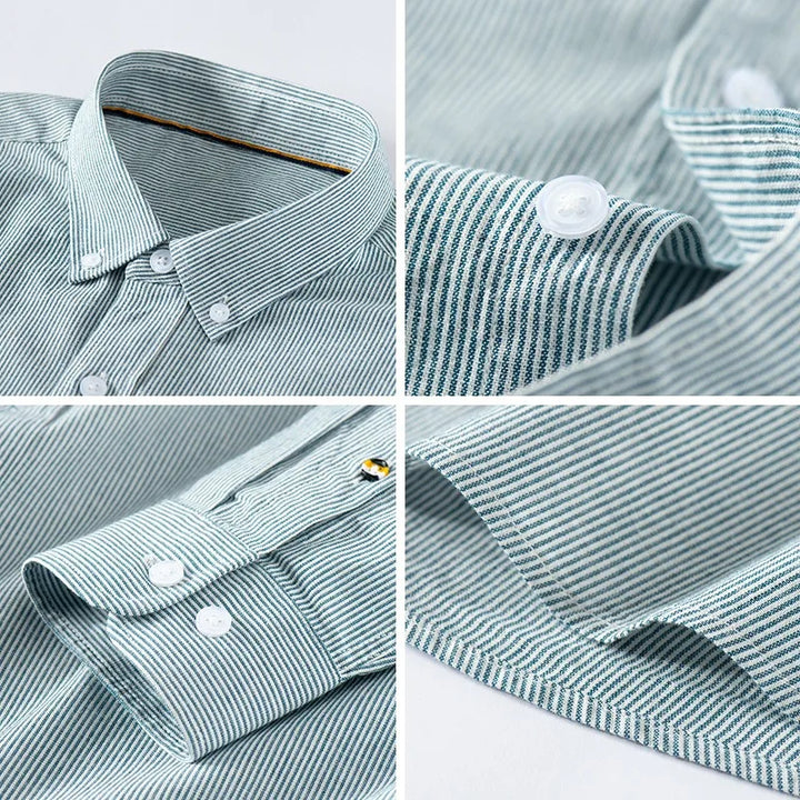A collage of four close-up images showing details of a light green and white classic pinstripe shirt, including the collar, button, cuff, and hem stitching.