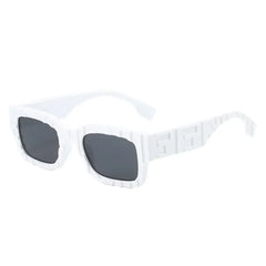 White square-framed vintage sunglasses with dark lenses and a geometric pattern on the frame and arms, featuring UV400 protection, shown against a plain white background.