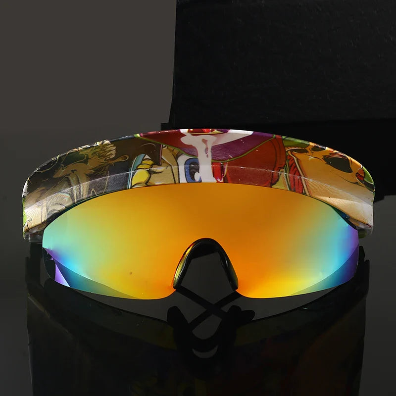 Colorful sports sunglasses with UV400 protection and a reflective orange-yellow lens, plus a multicolored, patterned frame—displayed on a shiny black surface with a dark background.