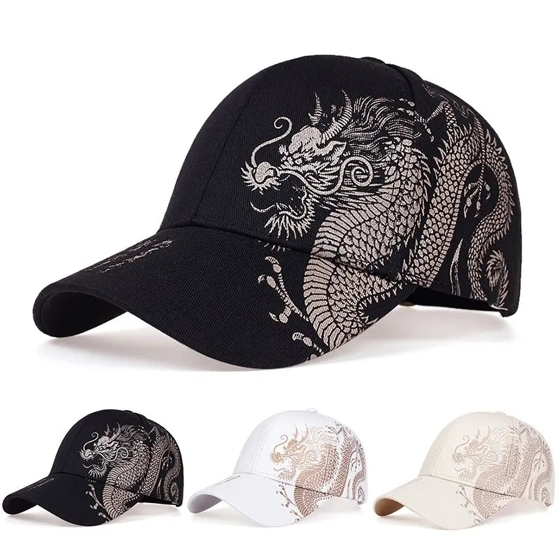 Three baseball caps in black, white, and beige, each featuring a detailed dragon cap design embroidered on the front and side panels. The striking curves of the dragon add a unique touch of cultural pride to each cap.