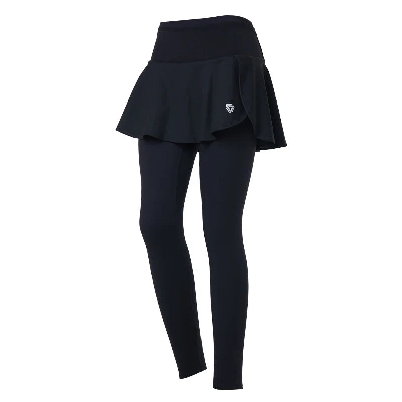 Black skirted leggings with an attached flared skirt, featuring a small white logo on the left side. Made of stretchy, sporty material, these leggings offer high-waisted support for comfort during any activity.