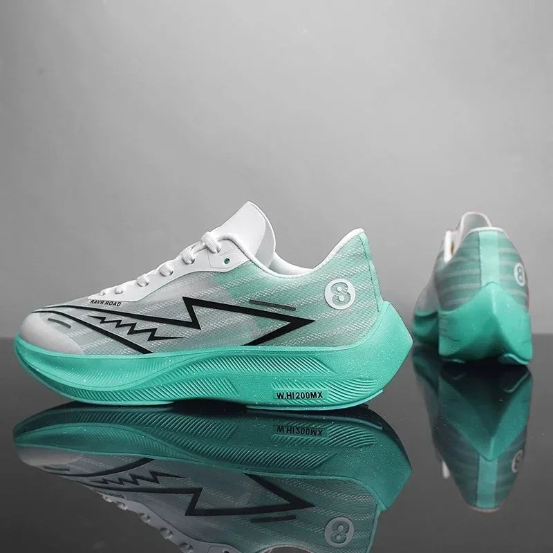 A pair of light teal running shoes with black zigzag designs, white laces, and the number 8 on the heel, featuring a shock-absorbing sole and lightweight construction. Displayed on a reflective surface, one shoe faces forward and one is turned backward.