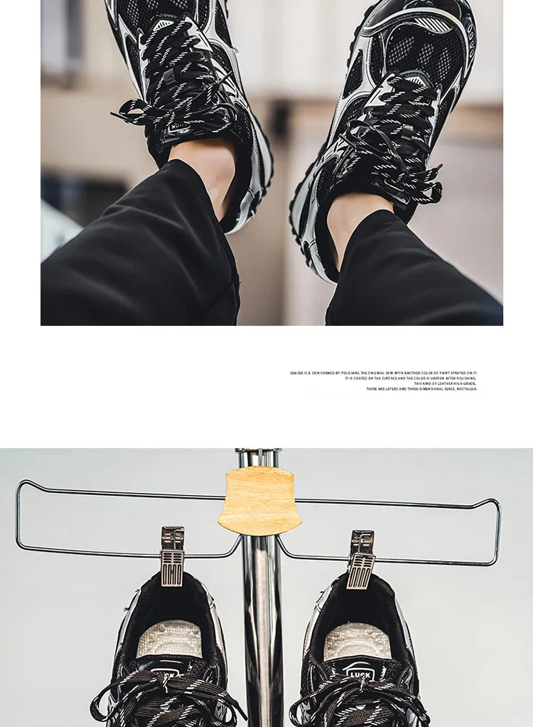 A person wearing black and white sneakers with a cushioned insole and black pants rests their feet on a metal footrest with two clips, viewed from above and from the front.