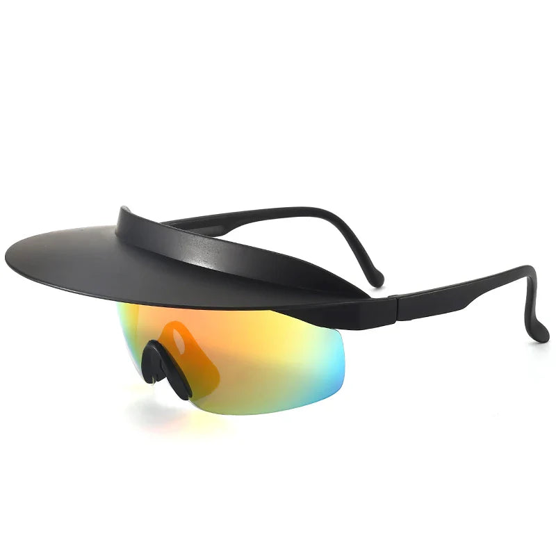 A pair of sunglasses with black frames, a wide black visor attached on top, and mirrored rainbow-tinted polarized lenses for enhanced clarity.