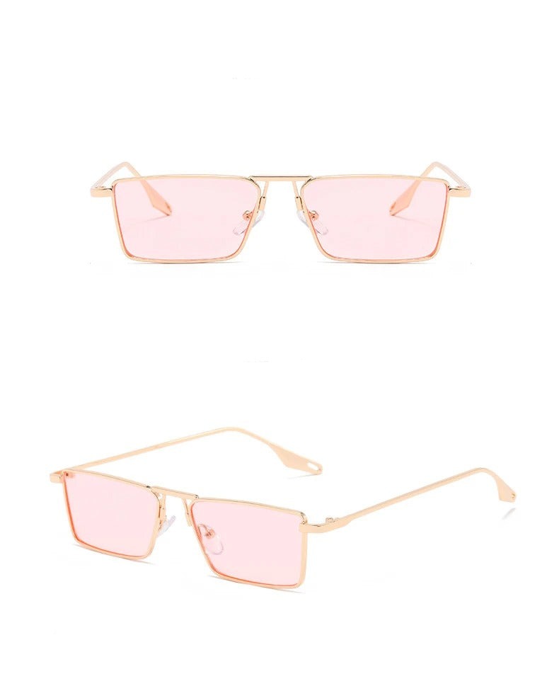 Avalon Sunglasses featuring rectangular lenses and thin gold frames, with light pink lenses, shown from the front and at an angle on a white background.