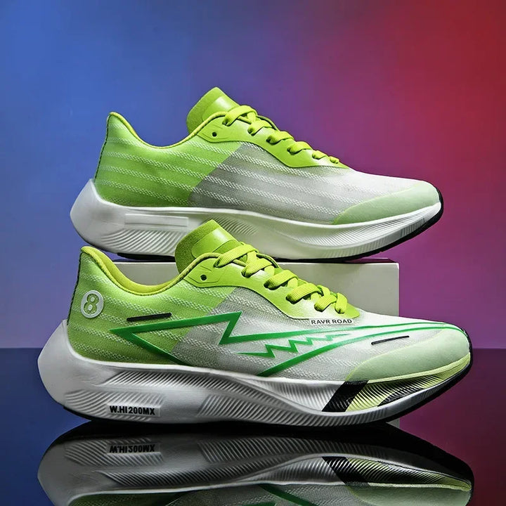 A pair of green and white athletic running shoes with neon accents are displayed side by side against a gradient pink, purple, and blue background. Featuring sleek designs, super foam cushioning, and lightweight construction for modern comfort.