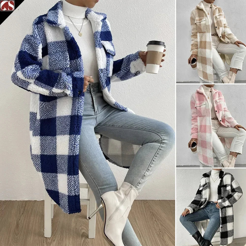 A woman wears a relaxed loose fit plaid Sherpa coat in blue and white with jeans, a white turtleneck, and heeled boots, holding a coffee cup. Three smaller images show the open lapel coat in beige, pink, and black variations.