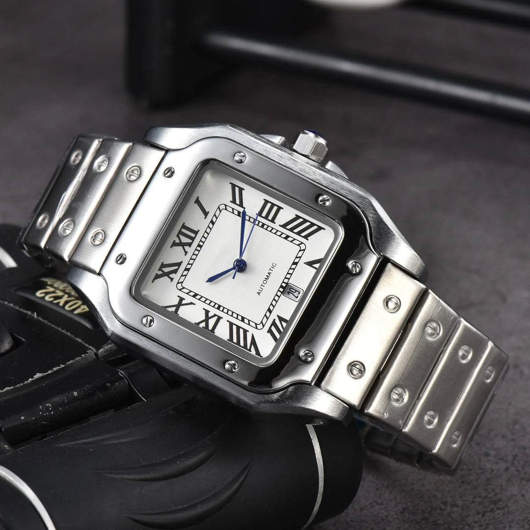 A silver wristwatch with a square face, Roman numerals, and a stainless steel band featuring screw details. Showcasing Swiss craftsmanship, the watch has blue hands and rests on a black textured surface.