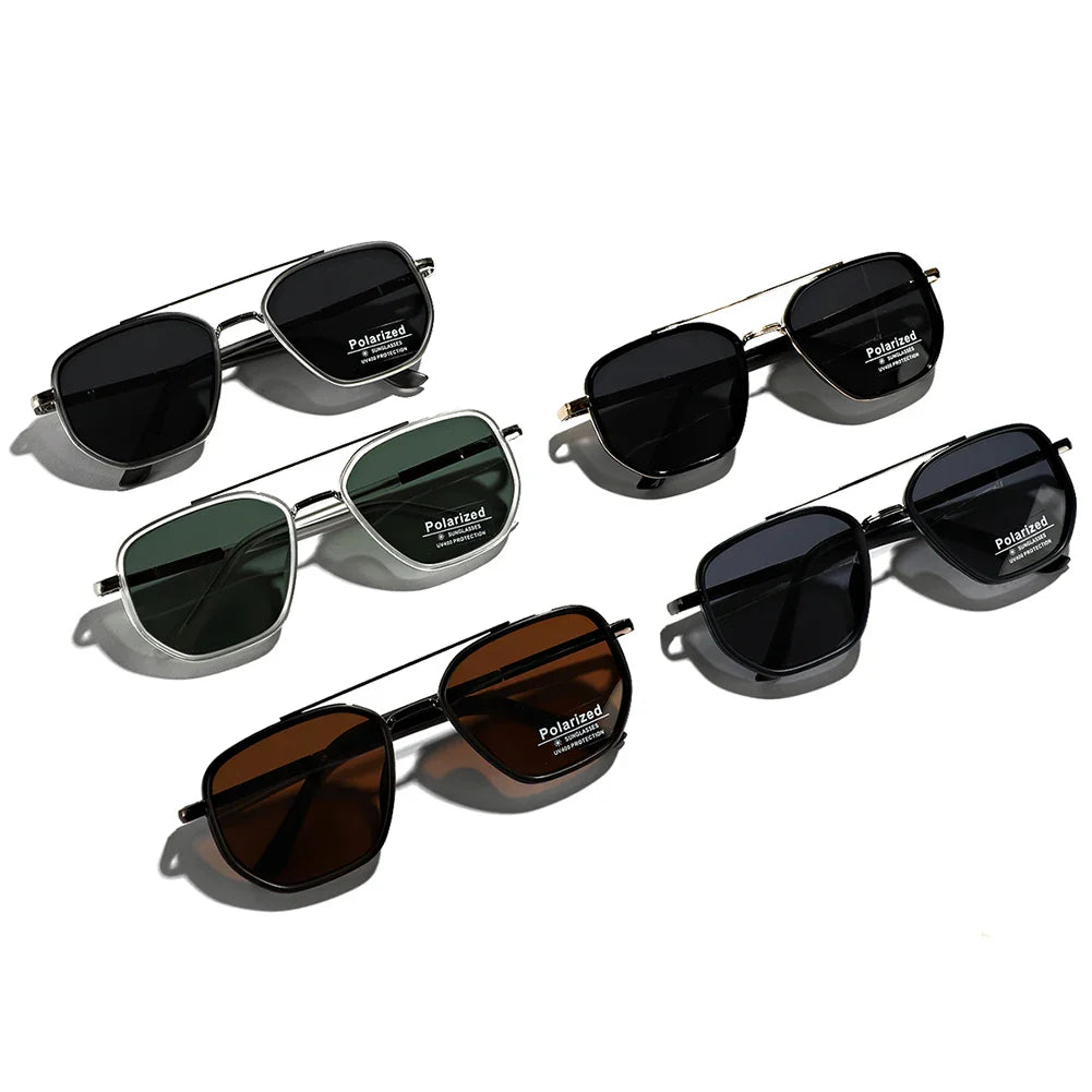 Five pairs of retro style TR90 Polarized Sunglasses in black, green, and brown are arranged on a white surface. Each pair features a metal frame, UV400 protection, and a sticker on one lens indicating they are polarized.