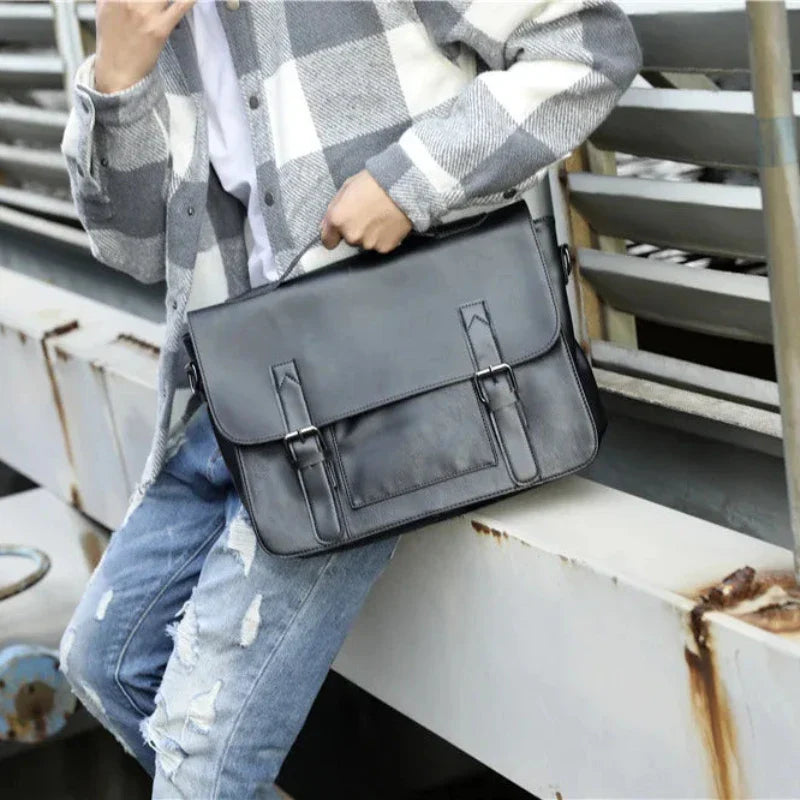 A person wearing a gray plaid jacket and ripped jeans holds a black satchel bag with an adjustable shoulder strap while leaning against a metal railing outdoors.