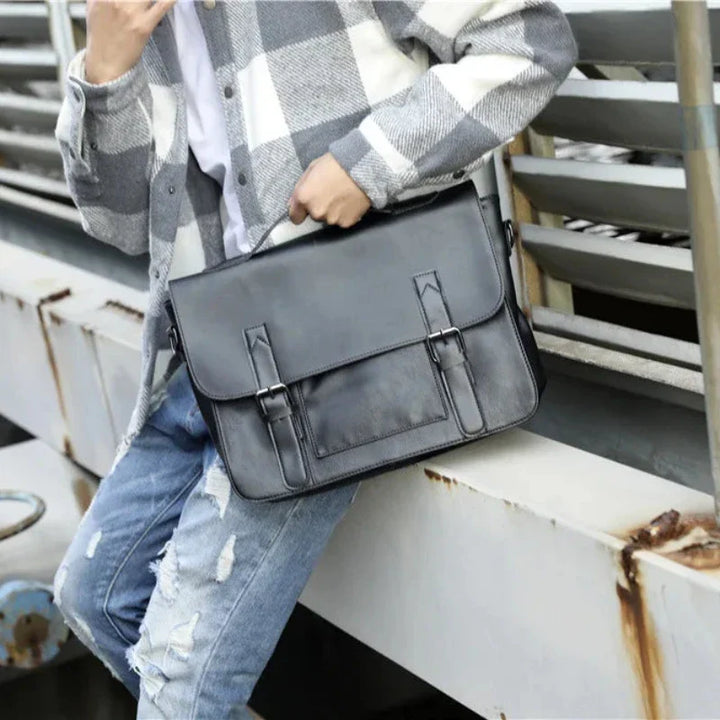 A person wearing a gray plaid jacket and ripped jeans holds a black satchel bag with an adjustable shoulder strap while leaning against a metal railing outdoors.