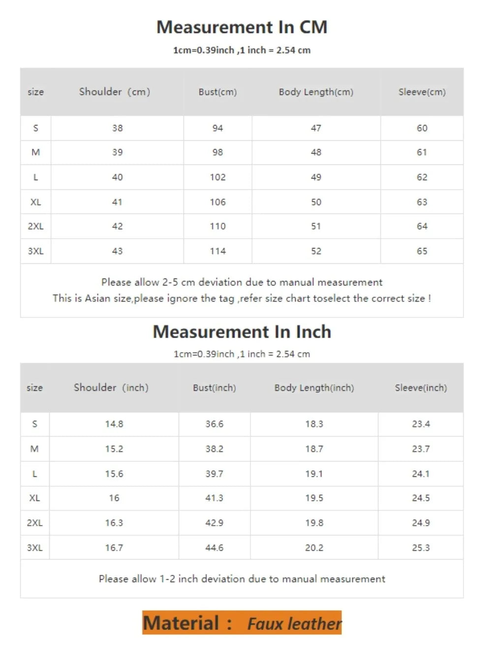 Size charts for the PU Leather Jacket in centimeters and inches, showing shoulder, bust, body length, and sleeve measurements for sizes S to 3XL. Includes measurement tolerance and material notes for this stylish biker streetwear coat.