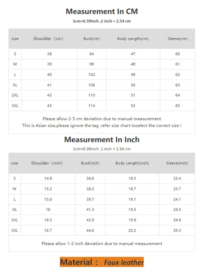 Size charts for the PU Leather Jacket in centimeters and inches, showing shoulder, bust, body length, and sleeve measurements for sizes S to 3XL. Includes measurement tolerance and material notes for this stylish biker streetwear coat.