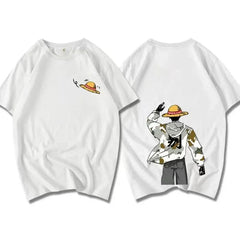 Two white cotton knit crew neck t-shirts: the front showcases a small straw hat illustration, while the back displays striking graphic art of a person in camouflage, seen from behind saluting and wearing a straw hat.