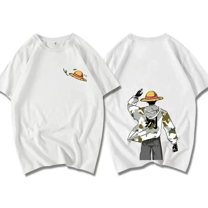 Two white cotton knit crew neck t-shirts: the front showcases a small straw hat illustration, while the back displays striking graphic art of a person in camouflage, seen from behind saluting and wearing a straw hat.