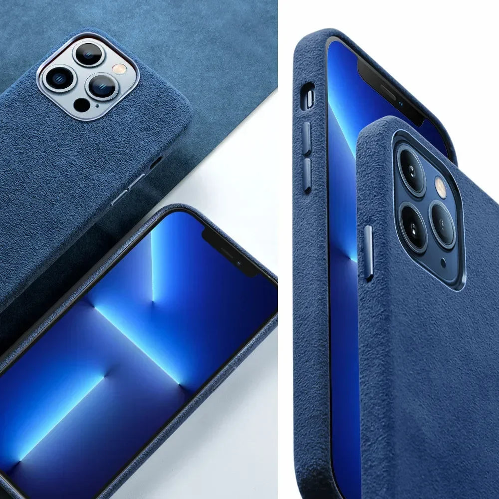 Two smartphones with blue suede finish cases are shown, highlighting both the front display and rear camera modules. The screens display a blue geometric wallpaper, and the protective design fits snugly around the phones.