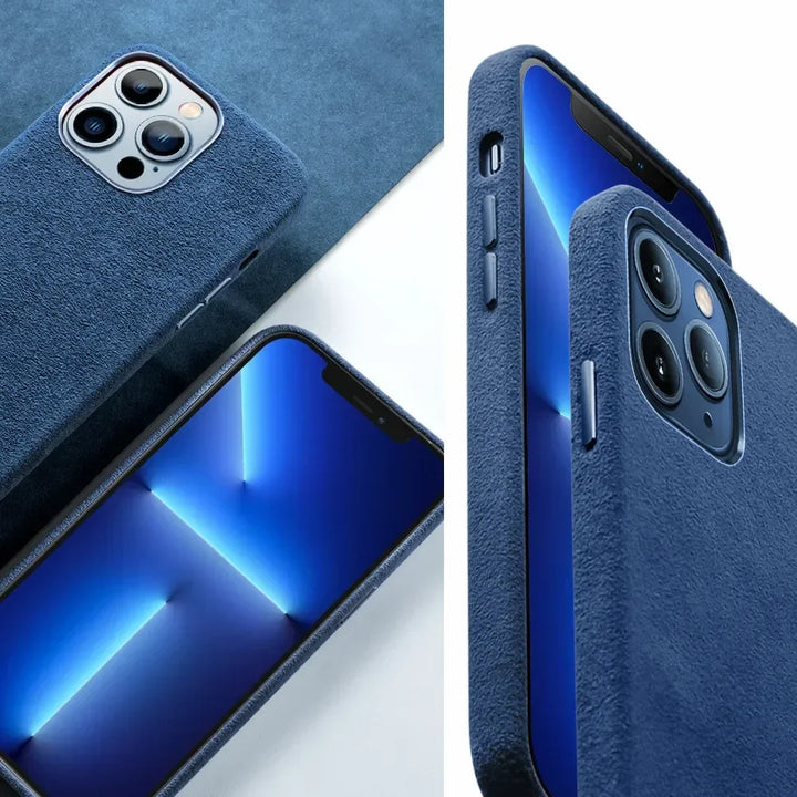Two smartphones with blue suede finish cases are shown, highlighting both the front display and rear camera modules. The screens display a blue geometric wallpaper, and the protective design fits snugly around the phones.