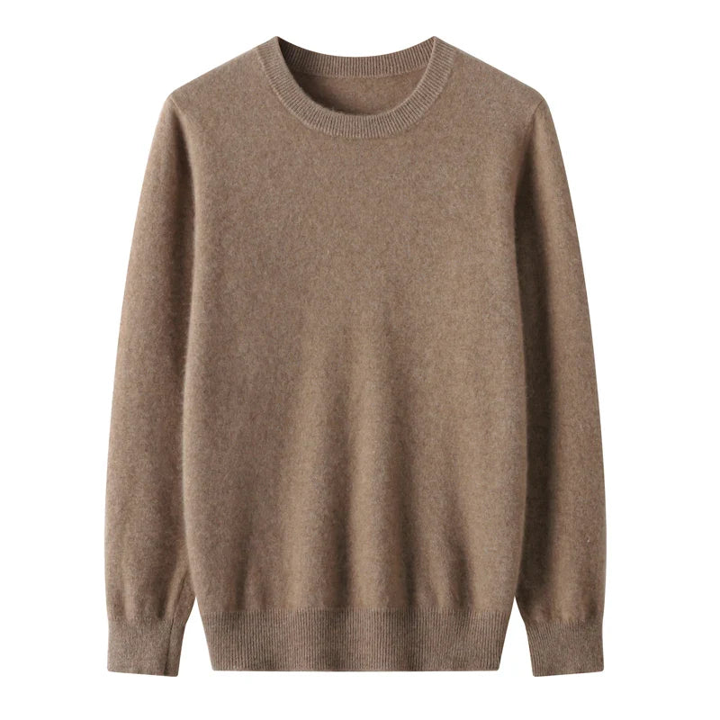 A plain, long-sleeved, light brown pure wool crewneck sweater with ribbed cuffs, hem, and collar, showcasing fine wool craftsmanship and displayed on a white background.