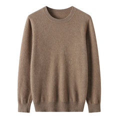 A plain, long-sleeved, light brown pure wool crewneck sweater with ribbed cuffs, hem, and collar, showcasing fine wool craftsmanship and displayed on a white background.